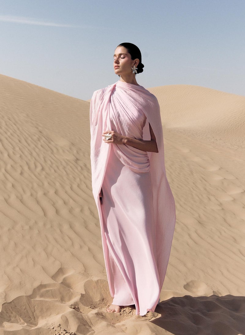Lichi Textured maxi dress with asymmetrical draping and cape - Image 1